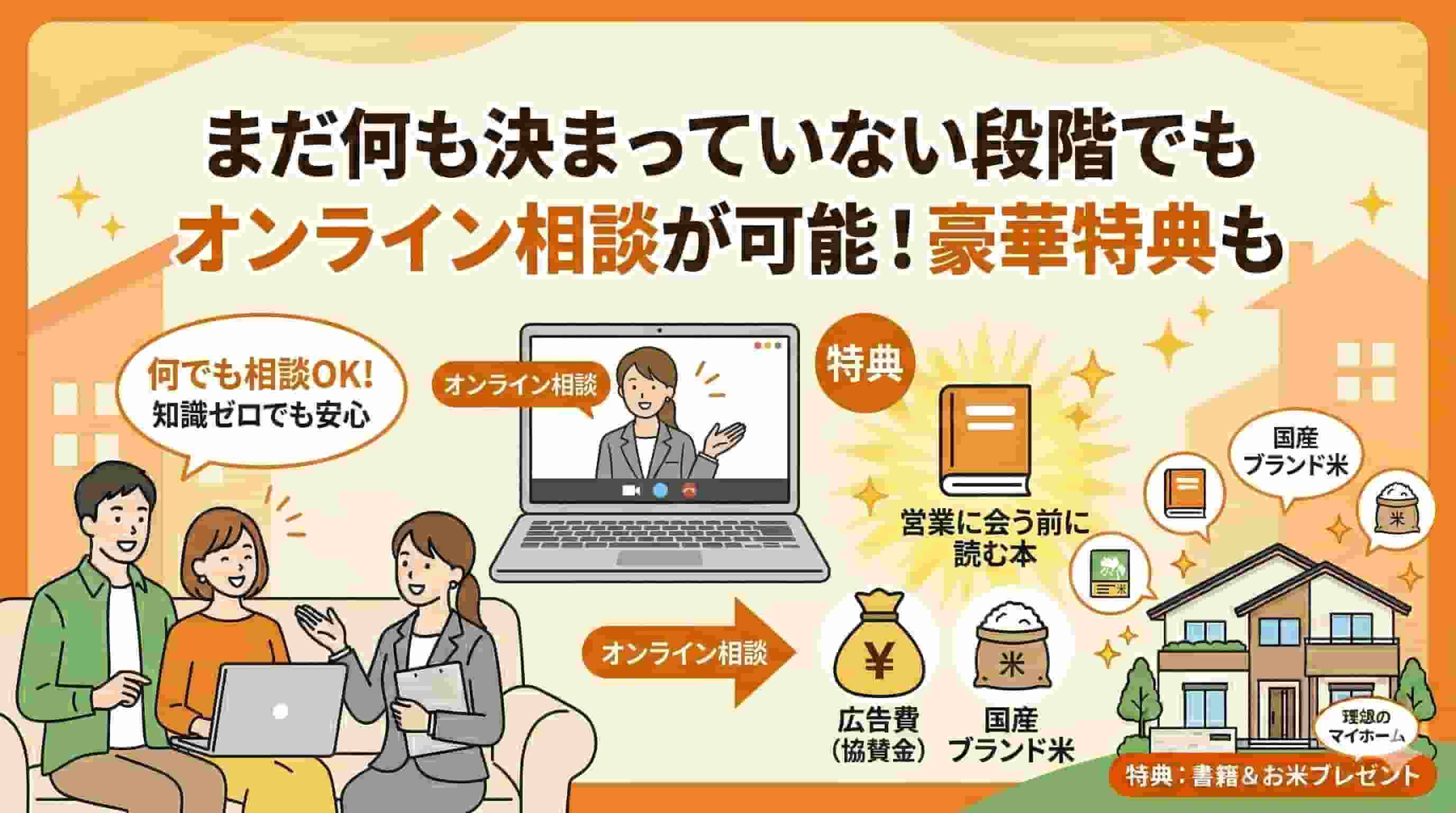 まだ何も決まっていあに段階でもオンライン相談可能。豪華特典が説明のイメージ画